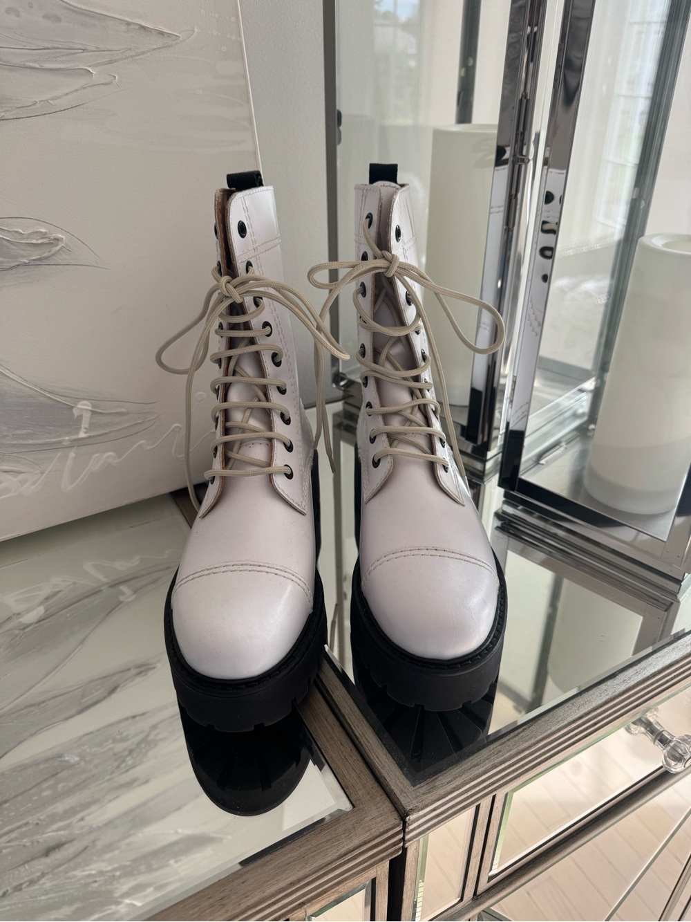 Alexa Chung White Lace-Up Combat Boots for Women - Chunky Sole